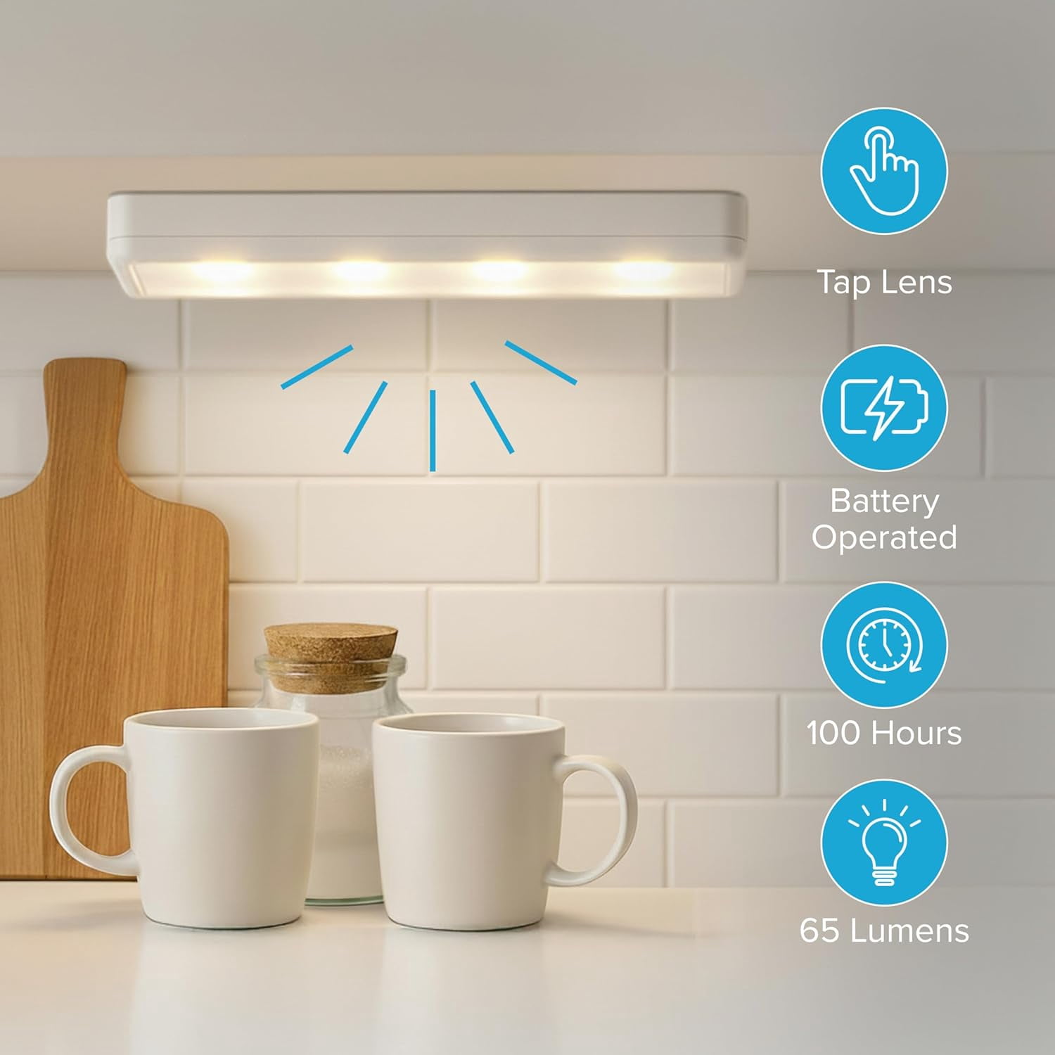 JJEAN-Pack of 2 Wireless LED Stick on Lights Battery Operated Under Cabinet Lighting - 8.5 Inches Long - 65 Lumens Push Light for Kitchen, Closet, and Countertops