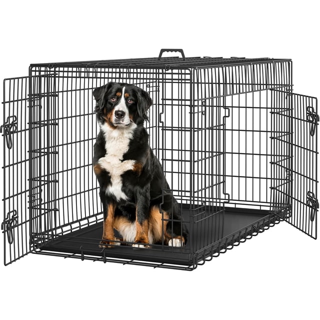 Wangone 48 inch Double Door Dog Crate w/Divider for Puppy to Adult Large Collapsible Metal Crate with Removable Tray XXL Wire Dog Kennel Pet Crate for Dogs Portable Travel Cage, Black