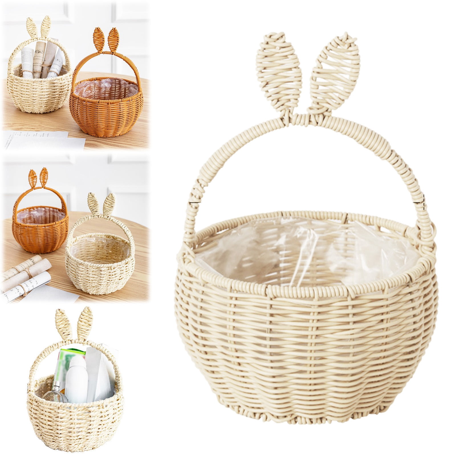 Woven Easter Basket with Handle, Bunny Easter Baskets, Easter Egg Hunt Carrier Baskets, Easter Woven Picnic Basket with Cute Rabbit Ears, Small Gift Wicker Wicker Storage Basket, Party Supplies