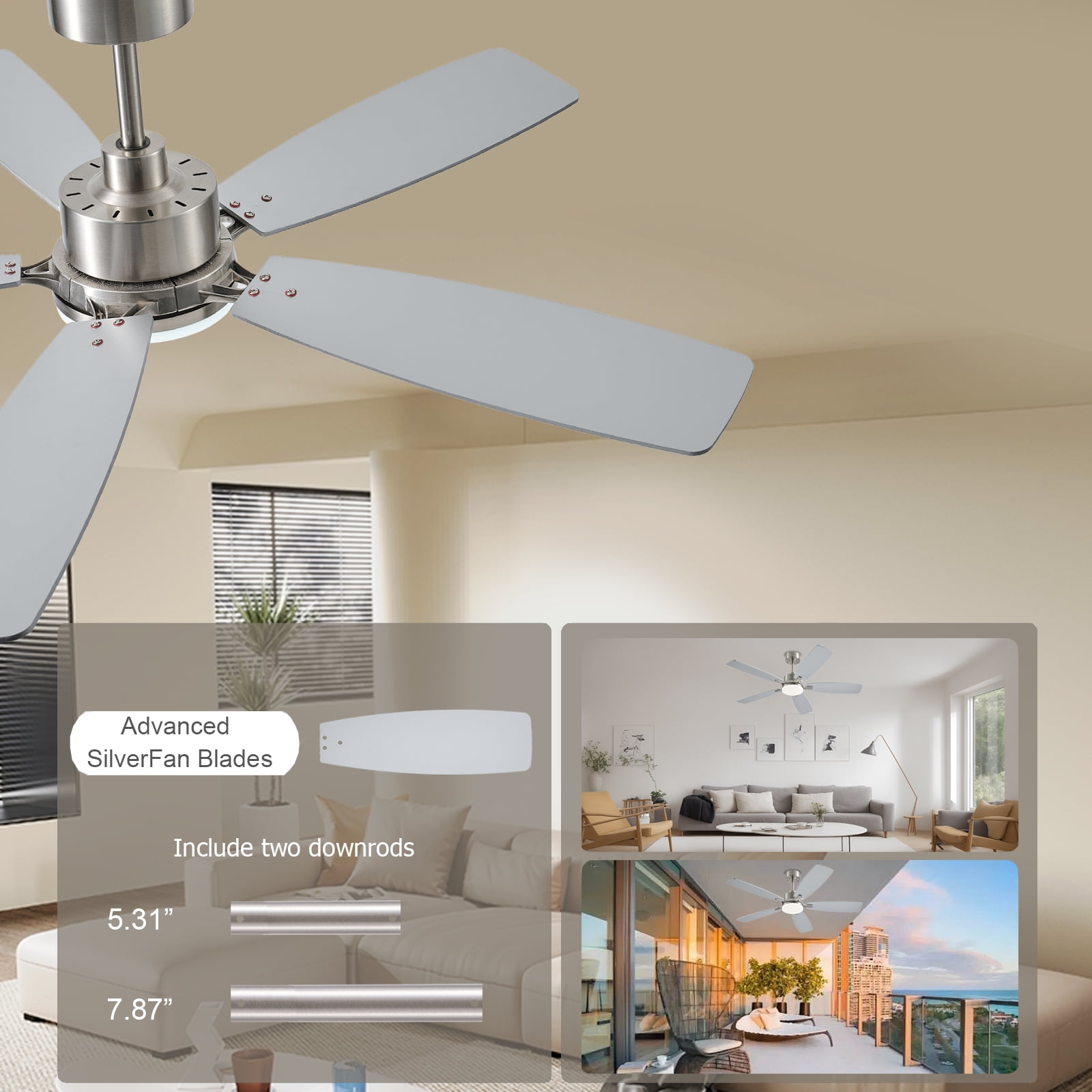 Low Profile Ceiling Fan with Lights, 52 inch Modern Nickel Ceiling Fans with Lights APP/Remote Control,6 Speeds Ceiling Fan Light for Indoor/Outdoor Patio Bedroom Living Room