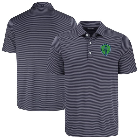 Men's-Cutter & Buck  Navy Seattle Sounders FC Forge Eco Fine Line Stripe Stretch Recycled Polo