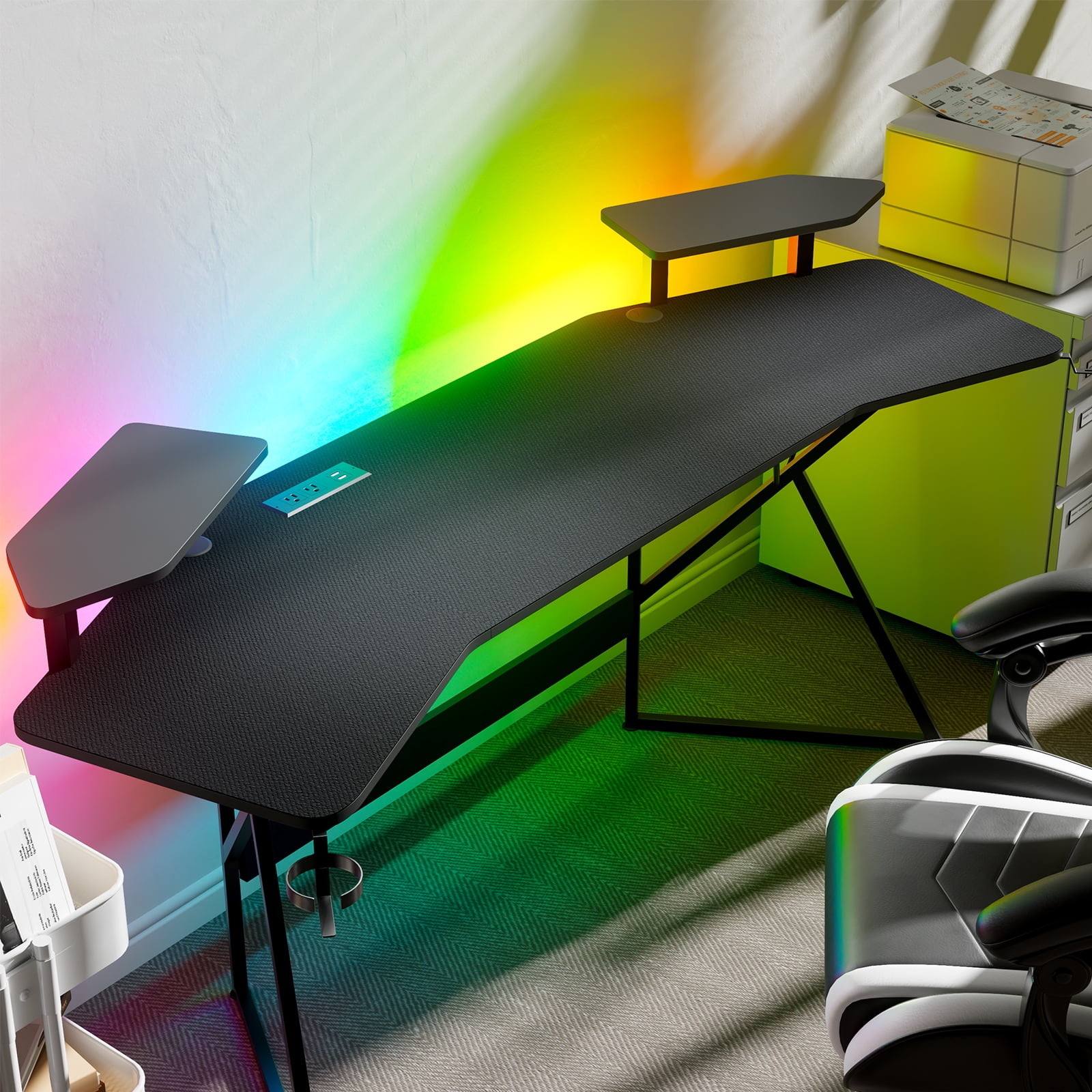 GTRACING Wing-Shaped Gaming Desk with Power Outlet, RGB LED Lights, Removable Monitor Stand, Full-sized Mouse Pad, Headphone Hook & Cup Holder, Black