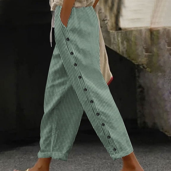 Mifsaly Striped Linen Pants Women High Waisted Wide Leg Summer Pant Side Button Detail Lightweight Breathable Beach Vacation Casual Clothes with Pockets Mint Green,M
