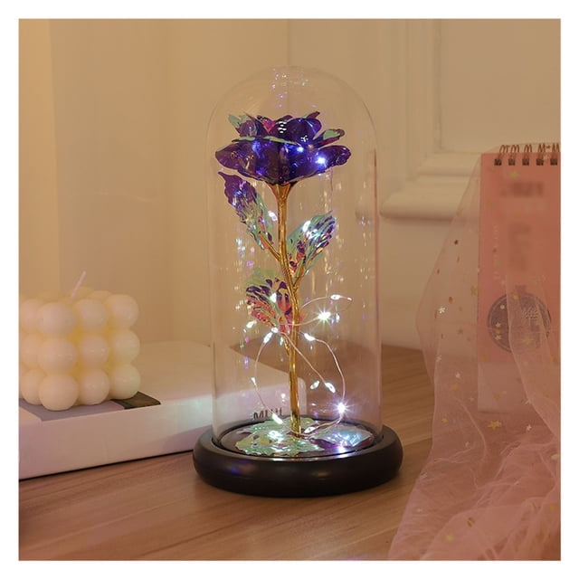 Flor de la inmortalidad con cubierta de vidrio y luces LED, flor de cristal eterna for siempre, rosa iluminada en cúpula de vidrio