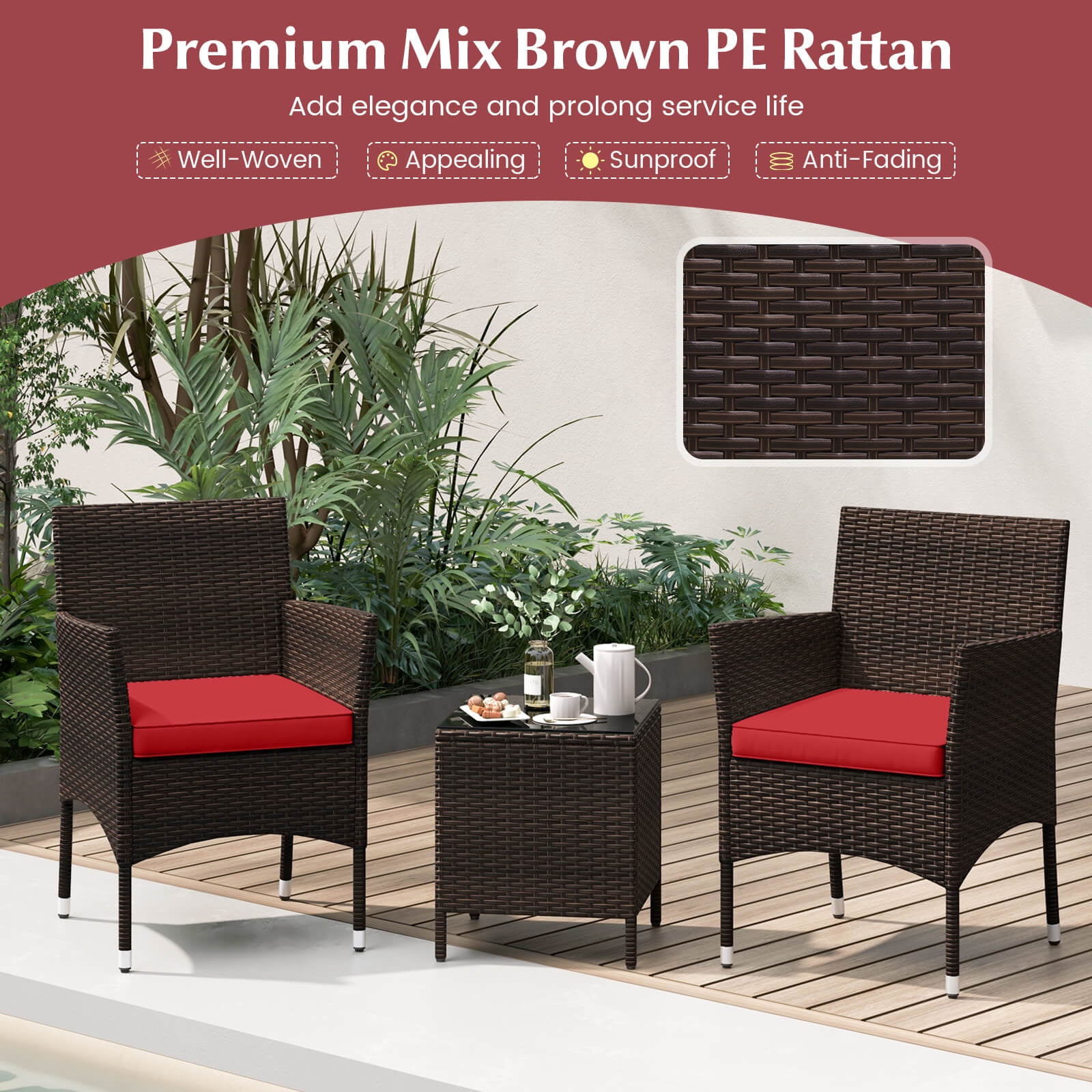Costway 3PCS Patio Rattan Furniture Set Cushioned Sofa Glass Tabletop Deck Red