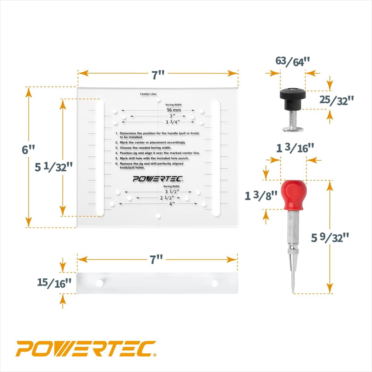 POWERTEC 71412 Drawer Pull Jig Template and Center Punch