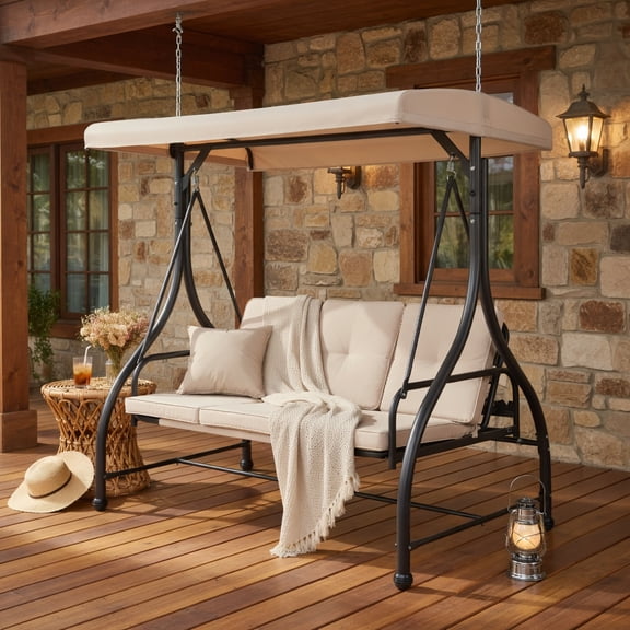 Topcobe 3 Seats Converting Outdoor Swing Canopy Hammock, Outdoor Patio Furniture for Porch Balcony Garden Backyard - Beige