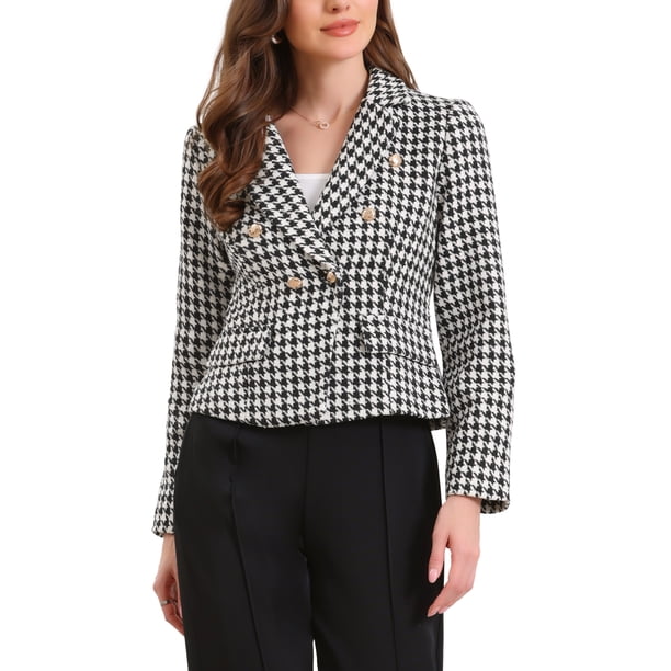 Saco Casual de Mujer con Solapa Notch y Botones, Estampado Houndstooth, Manga Larga, Color Negro