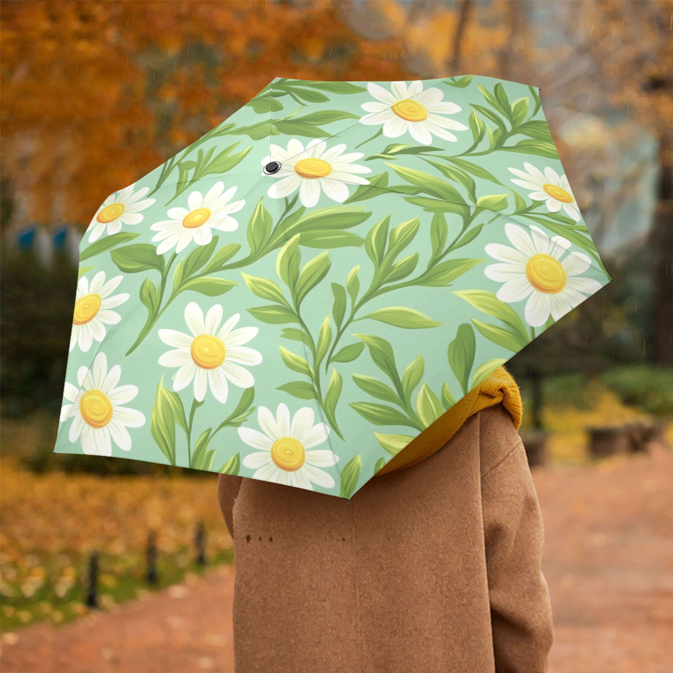Daisy and Leaf Pattern Folding Umbrella UV50+ Waterproof Sun Protection Auto Open Close Compact Fiberglass Frame
