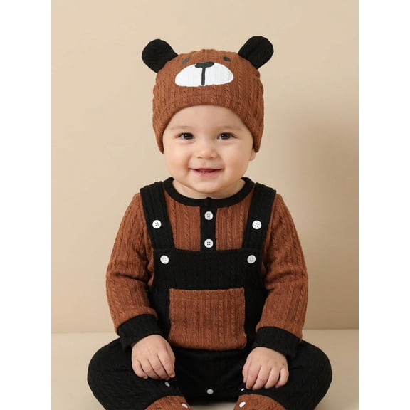 3Pcs Infant Boy Outfit Crew Neck Long Sleeve Contrast Color Romper Suspender Pants and Dog Face Print Hat Set