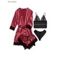 thumbnail image 2 of BadPiggies Women's Satin Pajama 4Pcs Set Sleepwear Floral Lace Trim Cami Lingerie Homewear Nightwear with Robe (S, Red), 2 of 5