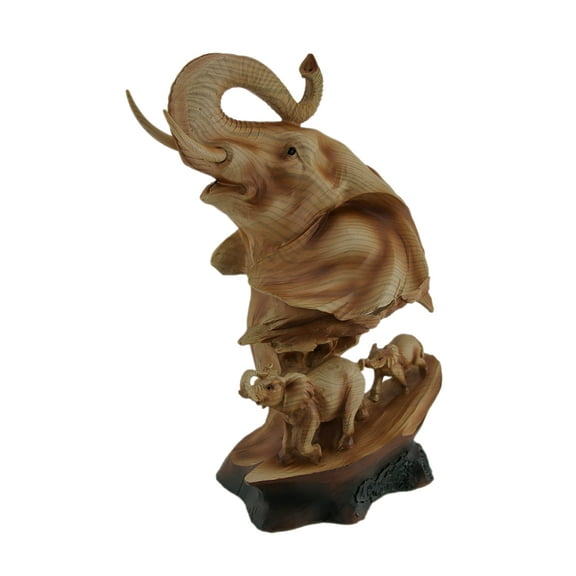 Zeckos Carved Wood Look Elephant Family Bust Tabletop Statue