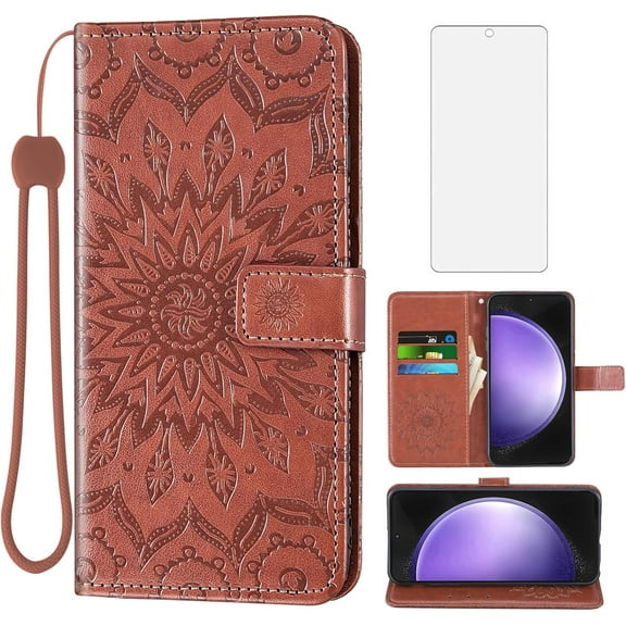 Phone Case for Samsung Galaxy S23 FE 5G Wallet with Tempered Glass Screen Protector and Leather Slim Flip Cover Card Holder Stand Cell Accessories S 23 EF S23FE5G UW S23FE 23S Women Men Brown