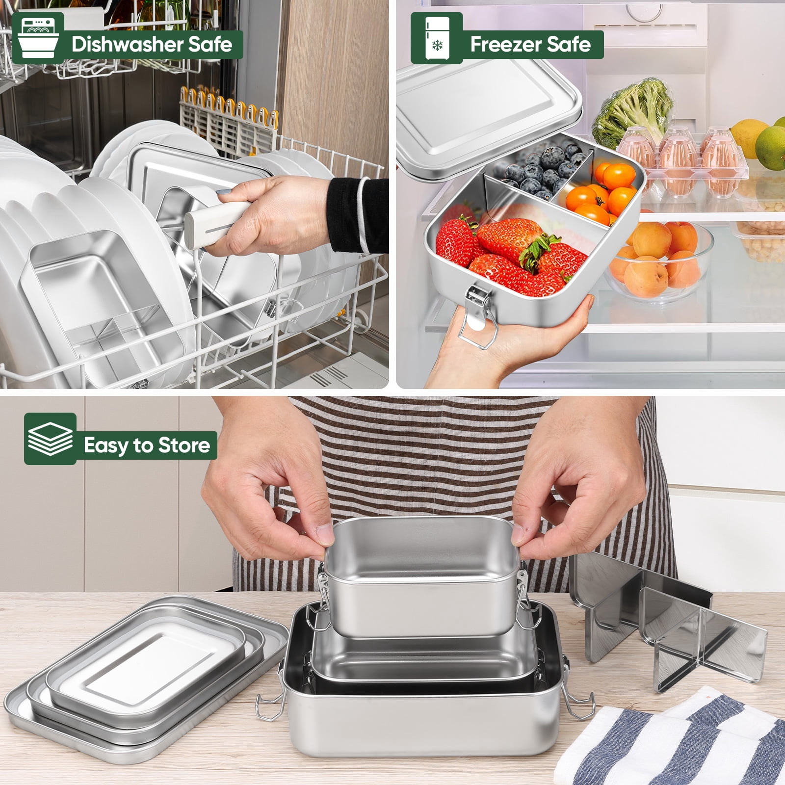 Vesteel Bento Box Set of 3 (47oz /29oz /18.6oz), Stainless Steel Lunch Box Metal Food Storage Container with Removable Dividers, Portable & Leak-Proof Meal Prep Container with 3 Compartment
