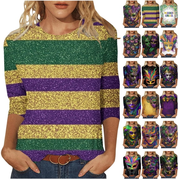 Feancey Mardi Gras Plus Size Tops for Women Dressy 3/4 Sleeve Round Neck Blouse Fancy Mask Graphic T-Shirts Spring Trendy Carnival Party Shirt Multicolor 4XL