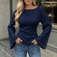 thumbnail image 2 of Zpanxa Womens Casual Boat Neck Flare Long Sleeve Blouse Fitted Solid Top Side Pleat Pullover for Daily Outfits, 2 of 5