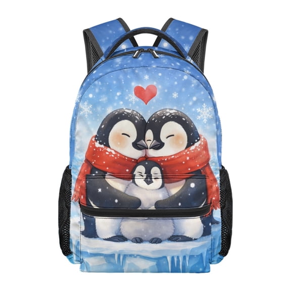 HUIACONG Side Pockets Student Backpack, Penguin Family Heart Pattern Polyester Waterproof Bookbag Adjustable Fit School Backpack for Hiking Outdoor Trips Travel