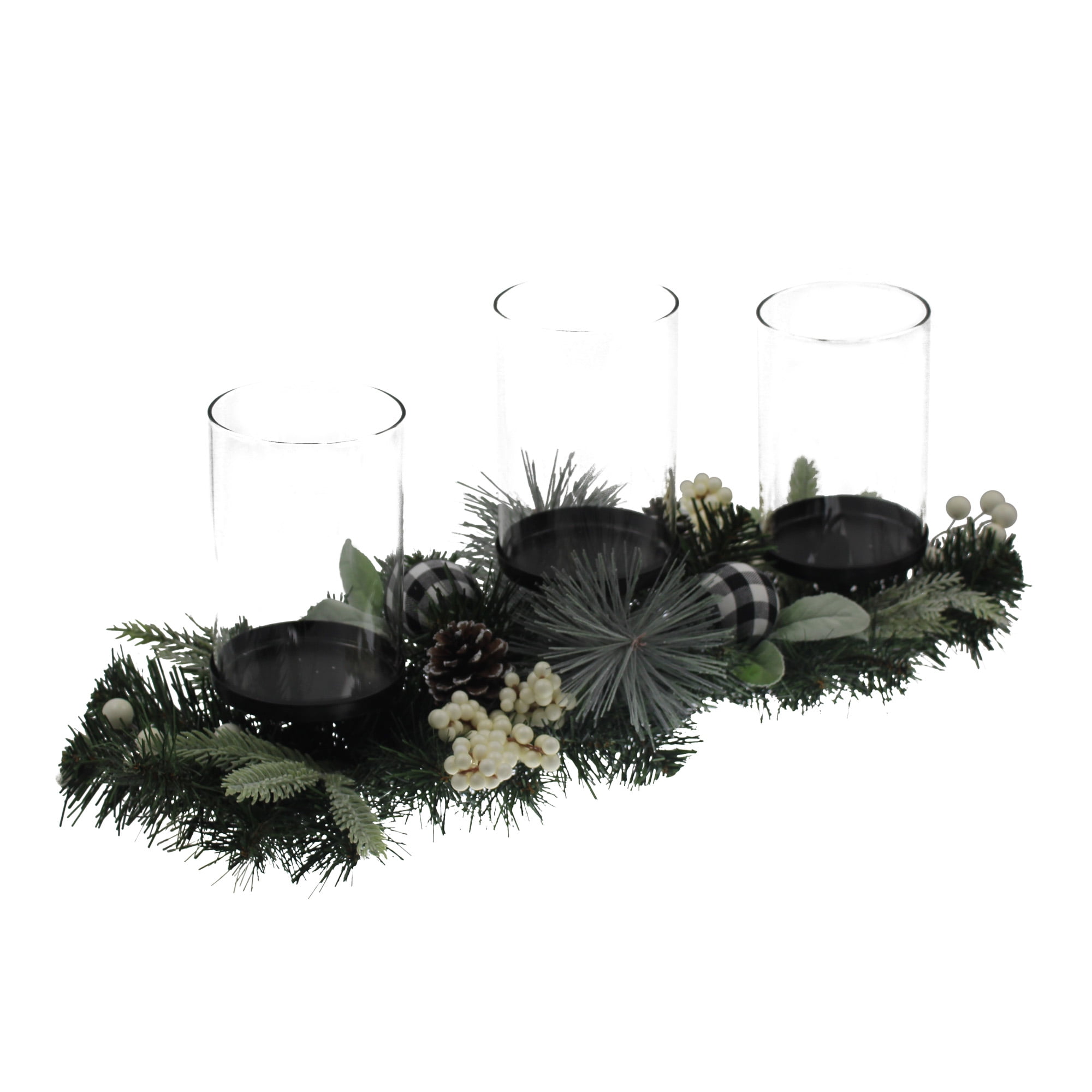 Holiday Time Christmas Ribbon Orbs & Pine Hurricane Centerpiece, Black &  White 