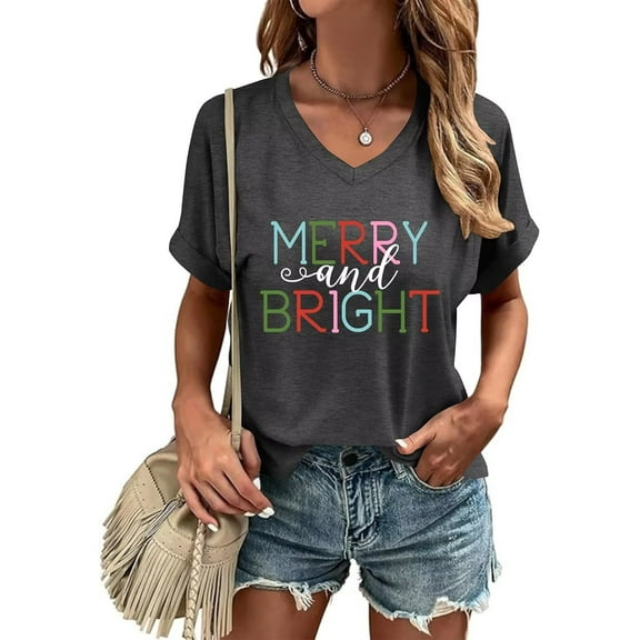 Womens Short Sleeve V Neck T-Shirts Merry Christmas Shirts Merry and Bright Christmas Tree Graphic Tee Tops