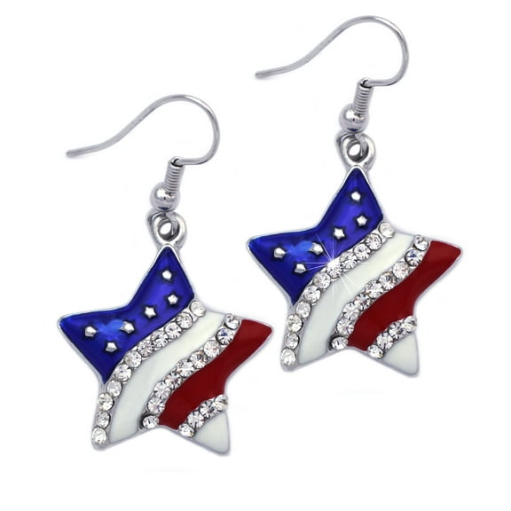 4th of July USA American Flag Patriotic Red Blue Star Earrings Jewelry (Star Hook Silver-tone 3/4")