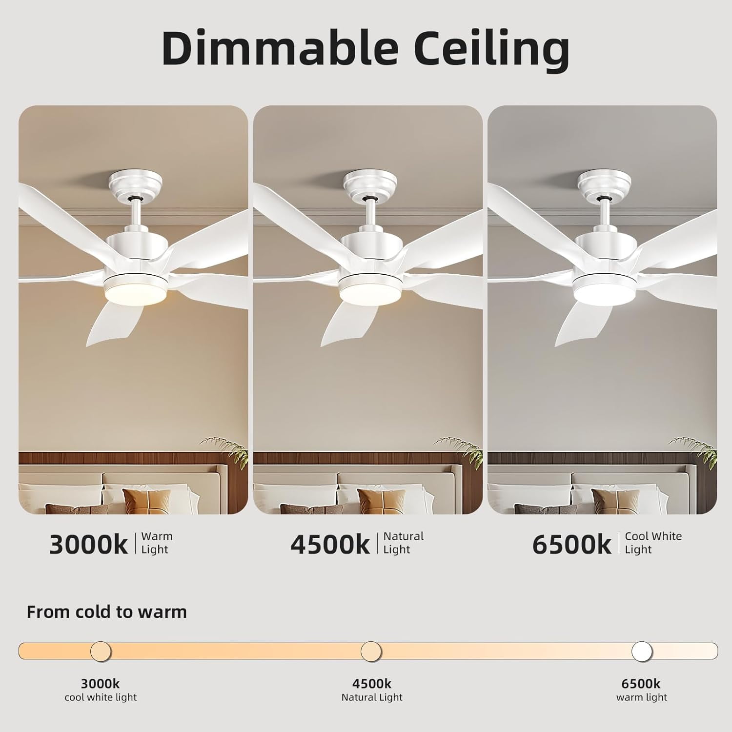 Moifoi 52" Ceiling Fan with Light & Remote Control , Features 3CCT Adjustable LED, Ultra-Quiet Reversible DC Motor, 6 Speed Settings, Timer Function, Ideal for Bedroom & Living Room, White