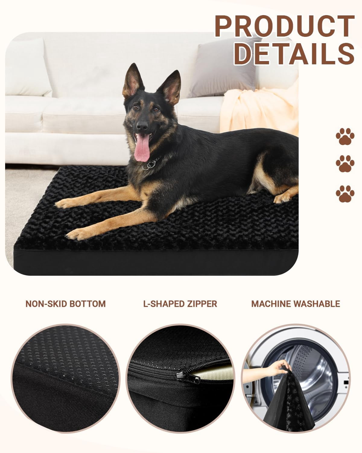 General Dog Crate Bed Waterproof Extra Large Dog Bed Soft Rose Velvet Supportive Kennel Pad Egg Crate Foam with Removable Washable Cover & Non-Slip Bottom, 47 x 29 Inch, Black