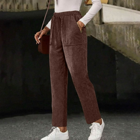Womens Corduroy Pants Vintage Dressy Casual Straight Leg High Waist with Pockets Fall Comfortable Work Trousers 2026 Coffee 3XL