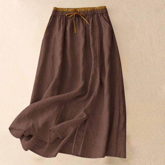 qelini Linen Max Skirt for Women Long Skirt Elastic High Waist A-line Skirt Solid Color Casual Skirt
