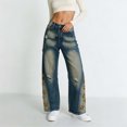 thumbnail image 2 of Women's Distressed Embroidery Jeans Vintage Y2K Straight Leg Denim Pants High Waist Stretchy Wide Leg Casual Denim Trousers with Pocket, 2 of 6