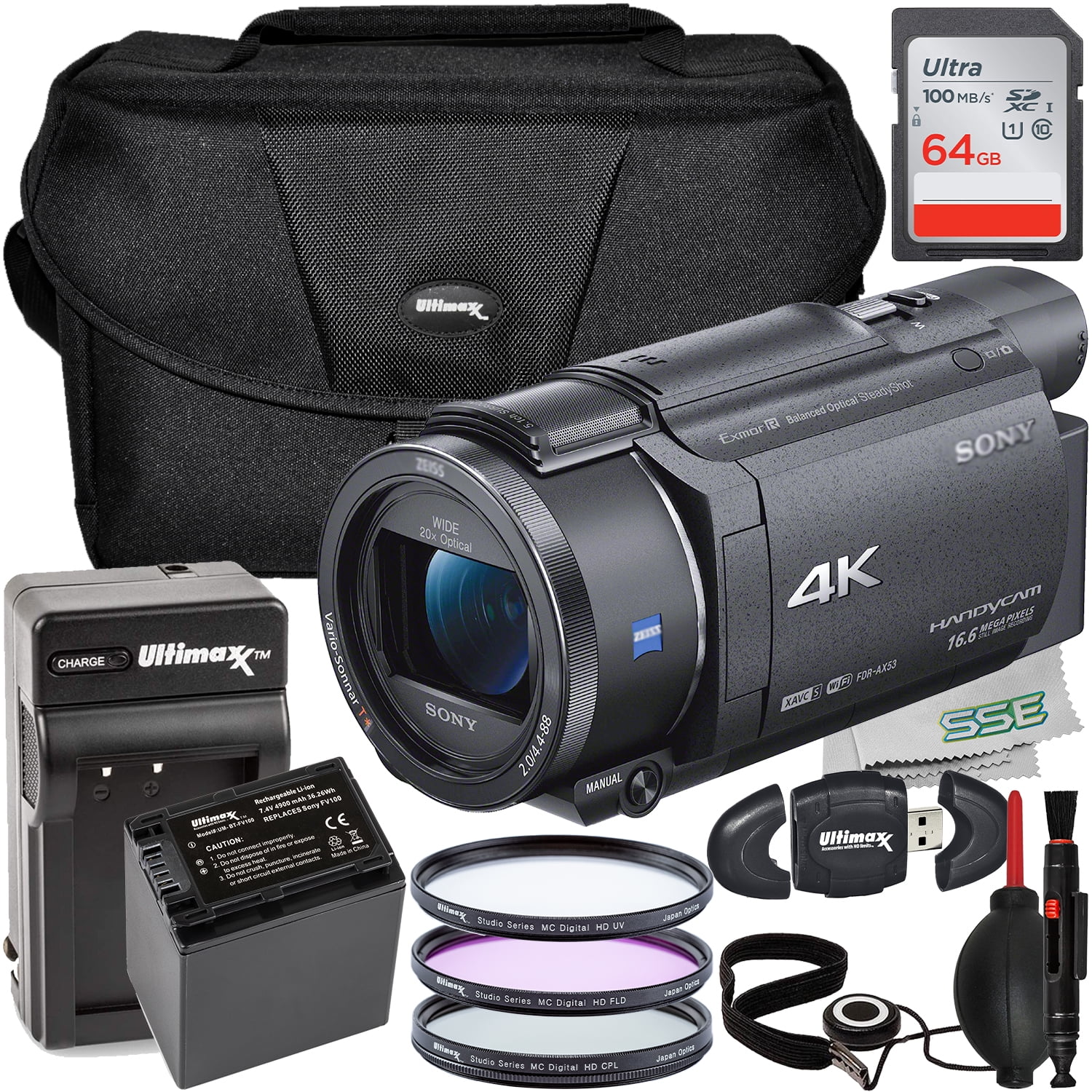 Ultimaxx Essential Sony FDR-AX53 4K Handycam Camcorder Bundle - Includes:  64GB Ultra Memory Card, Replacement Battery, Protective 3PC Filter Kit &  More (18pc Bundle)