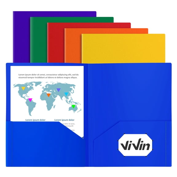 ViVin Sturdy Plastic Folder with 2 Pockets, 6 Pack, School Supplies, Assorted Color