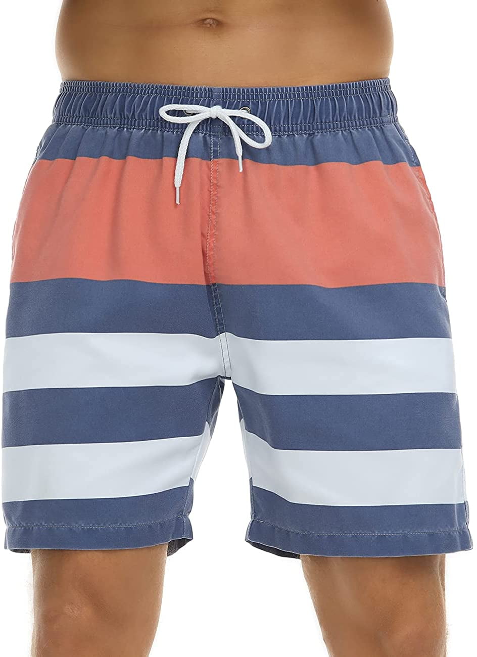 Unitop Mens Beachwear Striped Printed Fast Dry Surf Trunks with Side Pocket 