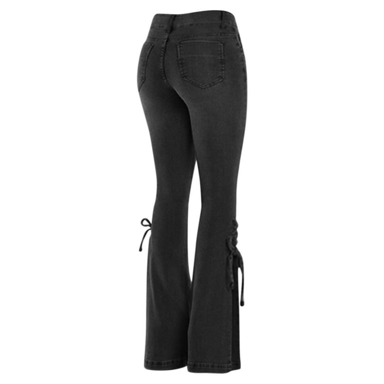 Women Pantsuit Denim Jeans Lace Up Mid Waist Flared High-Waisted Solid  Color Casual Fashion Trousers 
