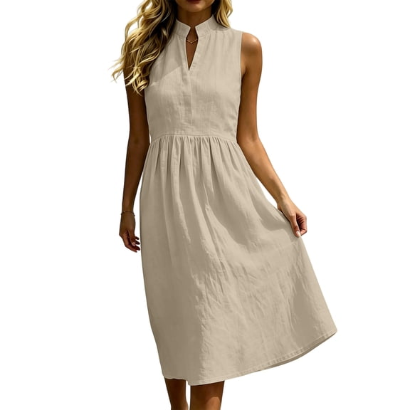 Karymi Sleeveless Midi Dress, Stand Collar V-Neck A-Line Casual Summer Dress, Solid Gathered Waist Flowy Dress Easter Dresses for Women