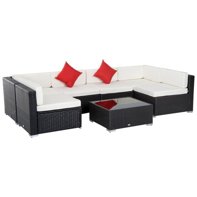 7-Piece Cream White Rattan Wicker Patio Sofa Set with Coffee Table - Outdoor Sectional for Garden, Deck & Yard - Durable PE Rattan & Steel Frame