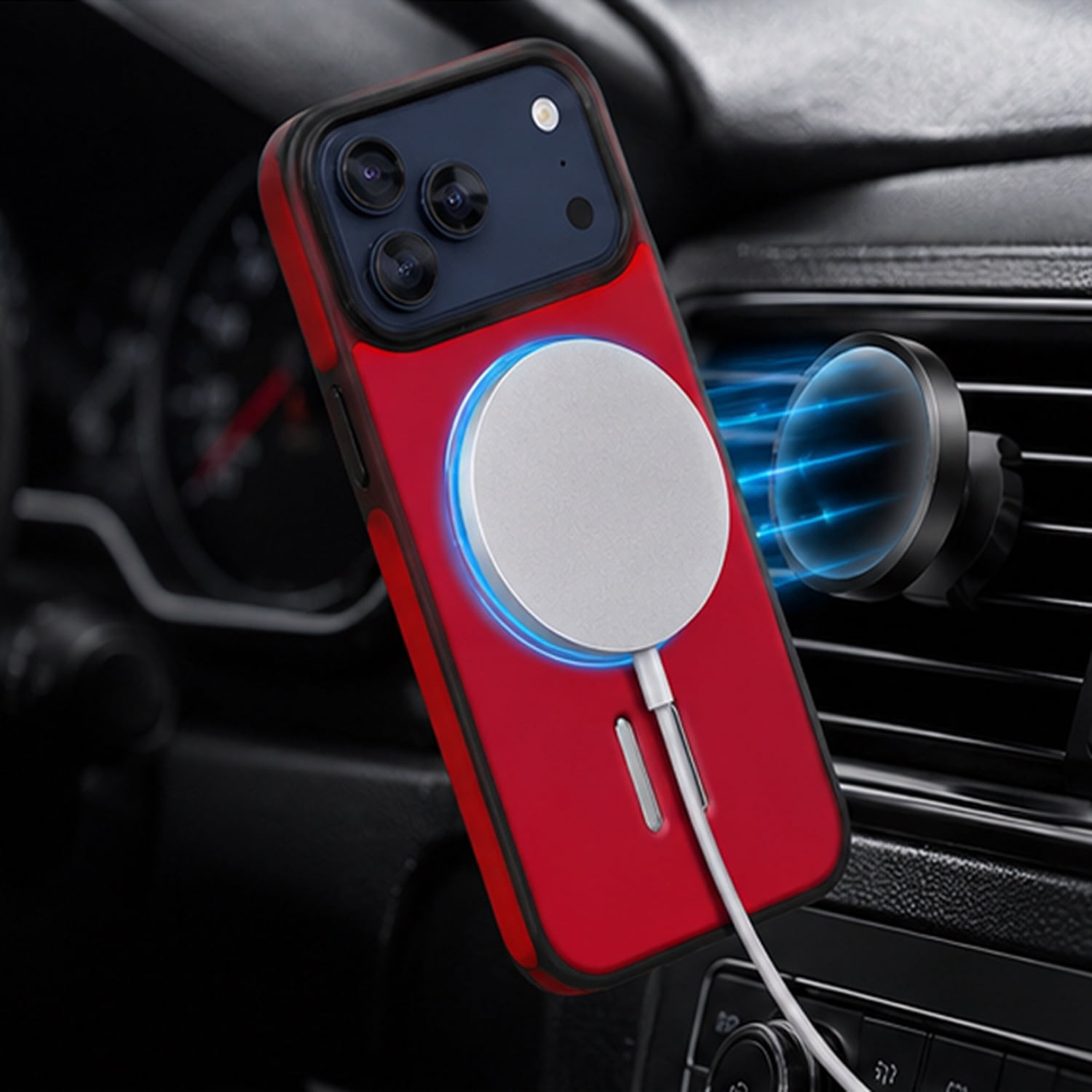 Elegant Leather Design Wireless Charging Case for iPhone 17 Pro Max - Red