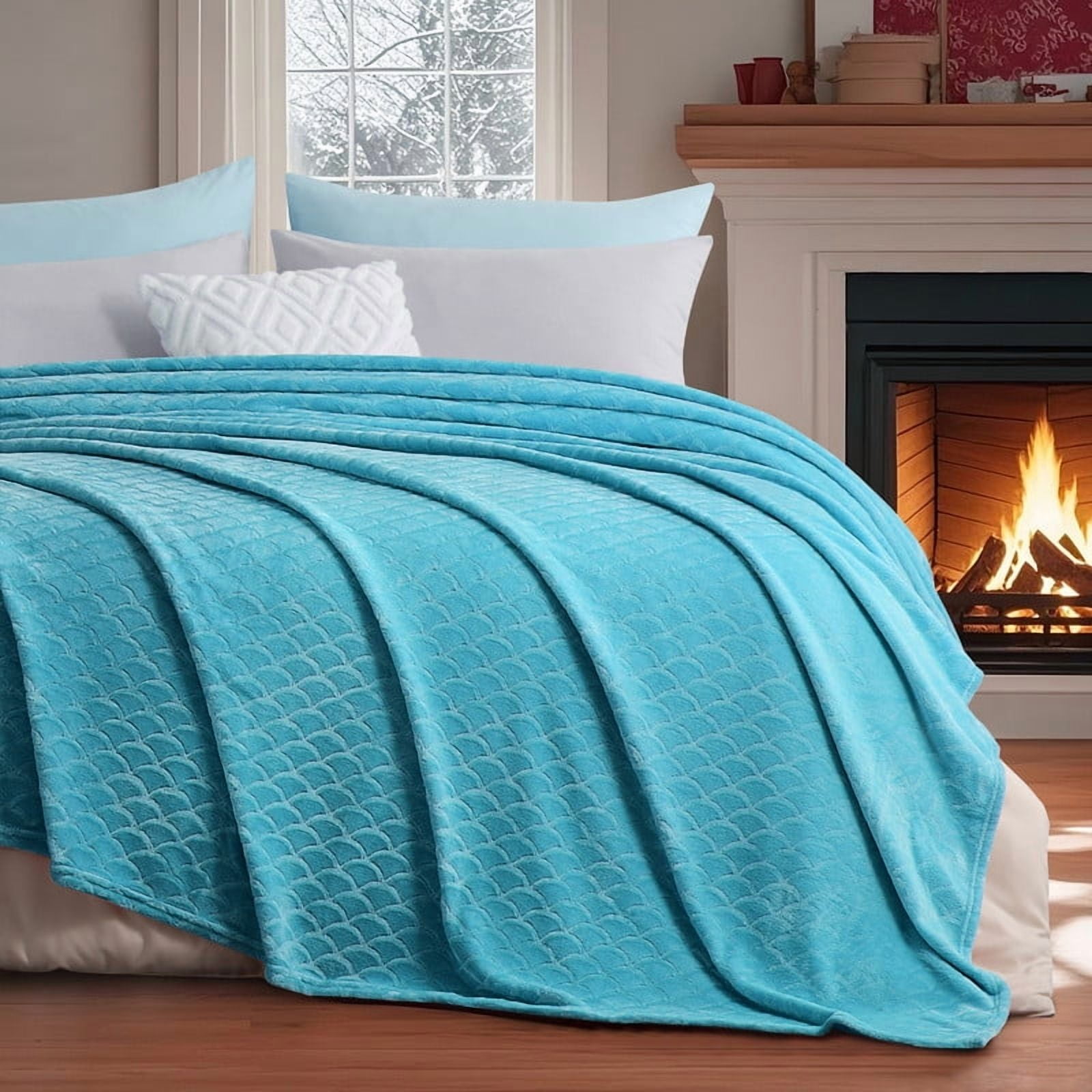 Aisbo Brushed Flannel Blanket Teal King, Super Soft and Cozy Blankets All Season Use