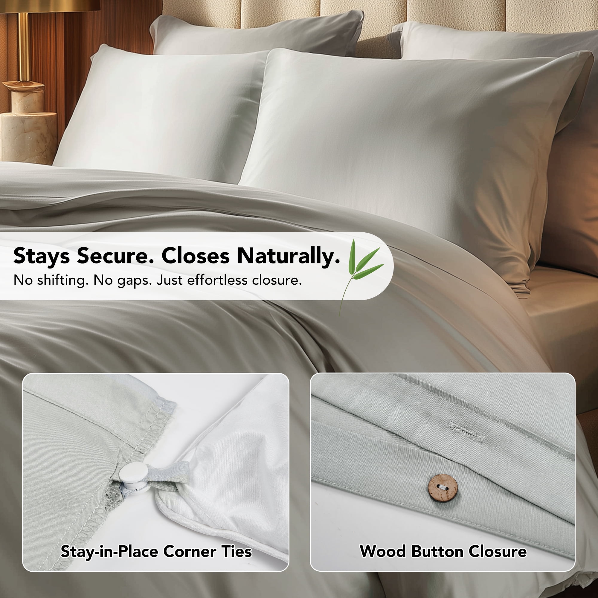 Deconovo Silky Soft Bamboo Satin Duvet Cover - Eco-Friendly Luxury Bedding Set for Home, Light Grey, 90"x90"