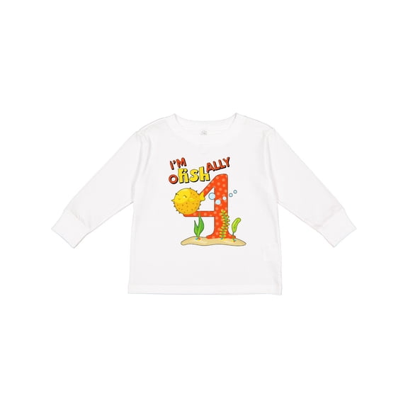 Inktastic I'm O-fish-ally Four Cute Puffer Fish Fourth Birthday Boys or Girls Long Sleeve Toddler T-Shirt