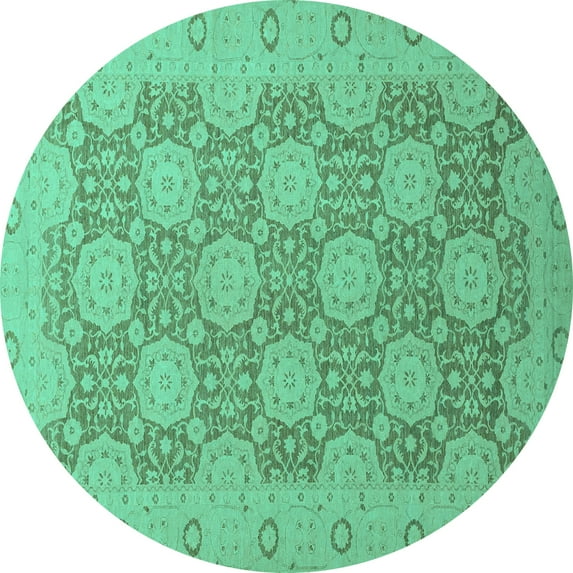 Ahgly Company Machine Washable Indoor Round Oriental Turquoise Blue Traditional Area Rugs, 4' Round