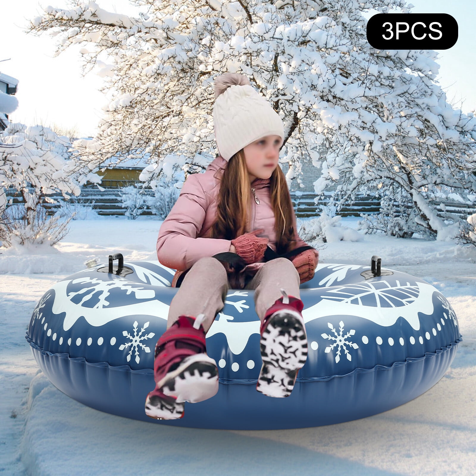 ToppiJoy 3Pcs 48 Inch PVC Snow Sleds, Inflatable Snow Sled, Thickened Heavy-Duty Hard Bottom Sleds with Non-Slip Handles, Outdoor Sledding Snow Tube Sports, Winter Sports, for Kids and Adult