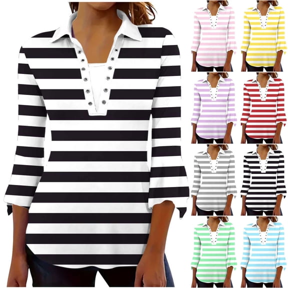 Jsaierl 3/4 Flounce Sleeve Womens Tops Casual Crew Neck Shirts Trendy Striped Petite Blouses Flowy Holiday Tunic Top S-2XL