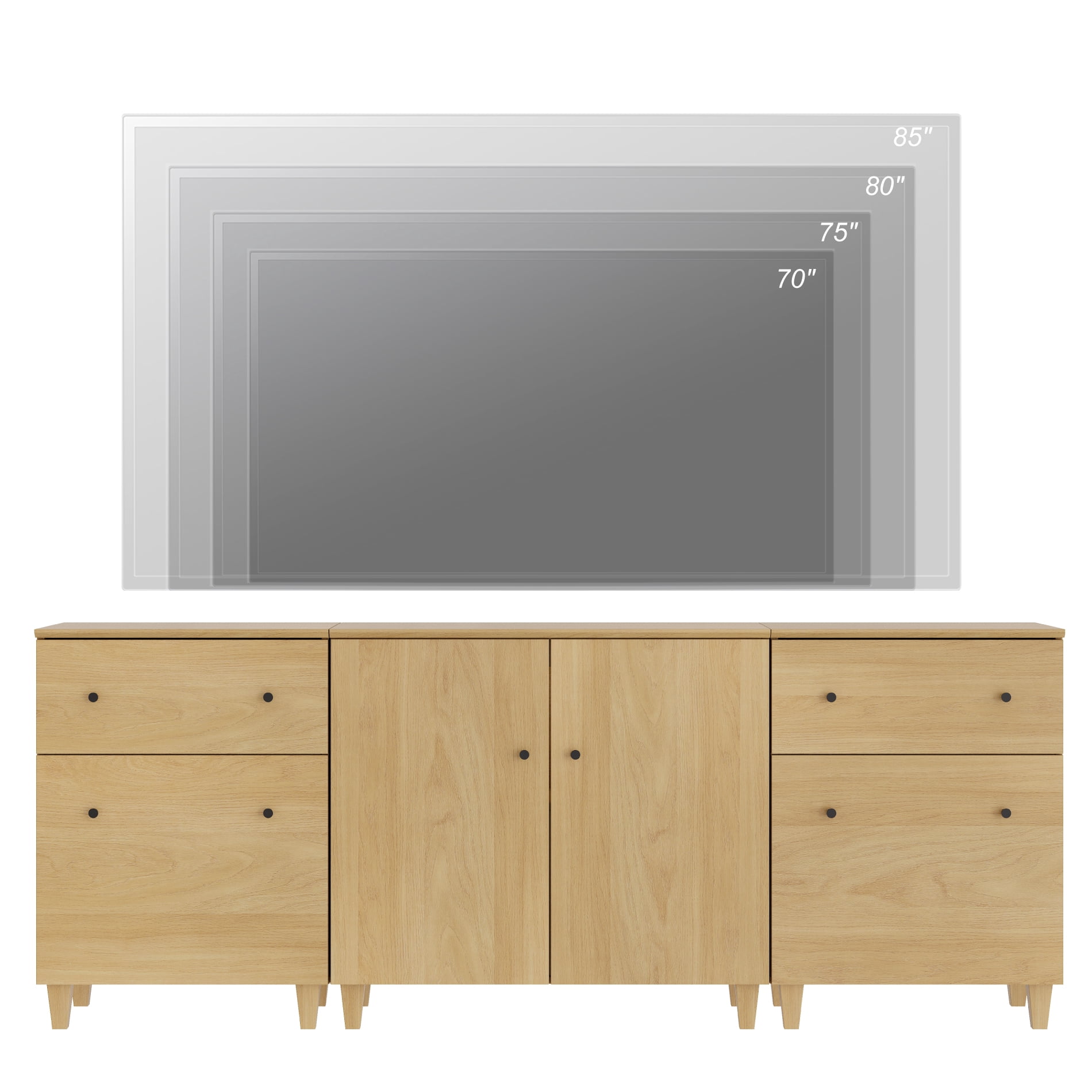 WAMPAT TV Stand for 85+ Inches TVs, 3-in-1 Modern Wooden Media Console with 2 Spacious Drawers and 3 Storage Cabinets for Living Room, Oak