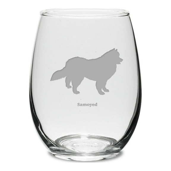 Samoyed Deep Etched 15 oz Stemless White Wine Glass