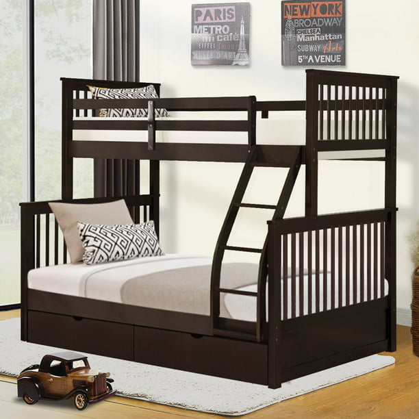 Tkoofn Twin Over Full Wood Bunk Bed With 2 Storage Drawers Espresso Walmart Com Walmart Com