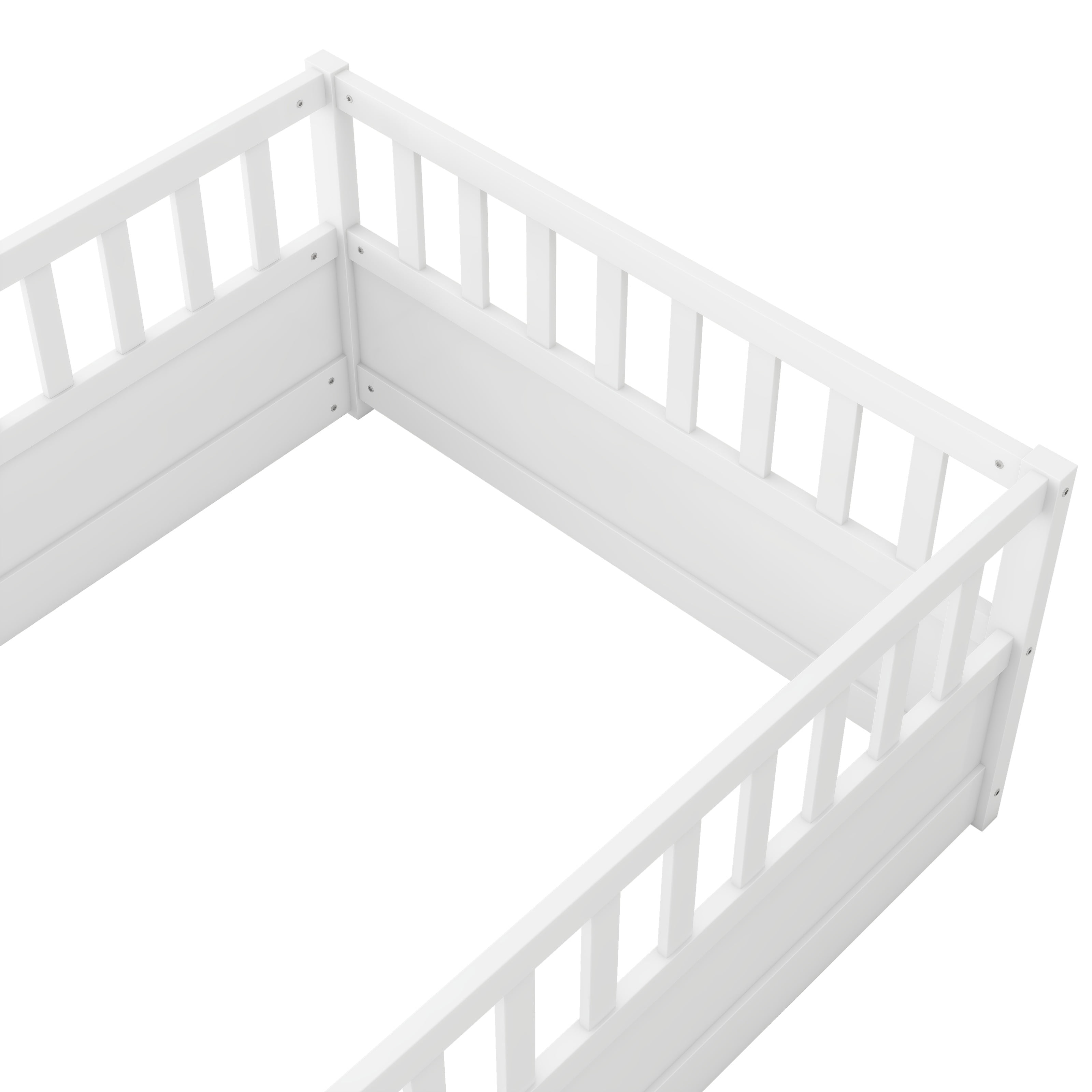 Bellemave Twin Size Floor Bed with Door and High Fence Guardrails Floor Bed without Bed Slats Wooden Floor Bed Montessori Bed Frame (Twin, White, Without Slats)