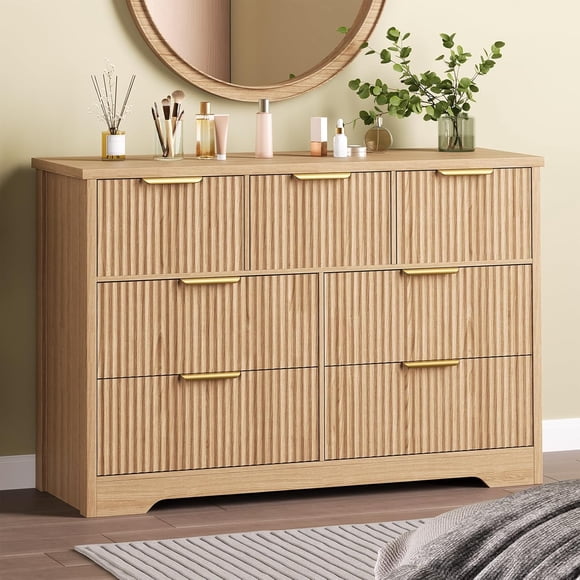 Fluted Dresser for Bedroom with 7 Drawers, 47.24” Modern Dressers for Bedroom, Wooden Long Dresser w/ Metal Handle, Furniture Dresser TV Stand, Wicker Closet Clothes Storage Organizer, Natural Oak
