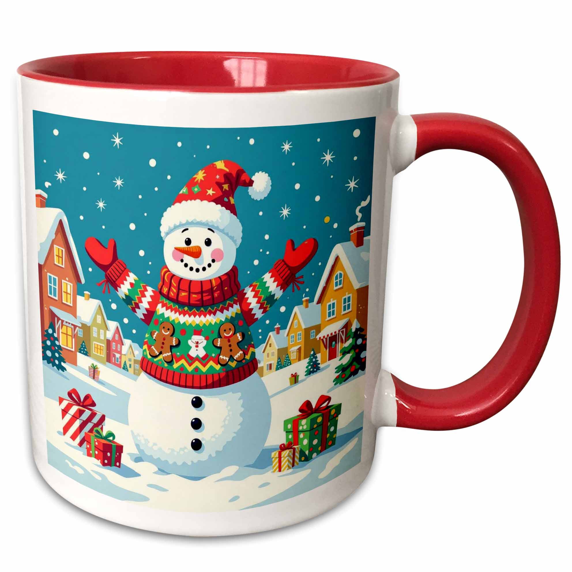 3drose Funny Snowman in the Street on a Sunny Winter Day. Artsy Gift Card 15oz Two-tone Red Mug