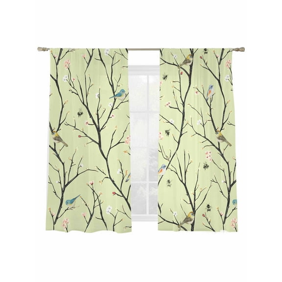 Branch Flower Sheer Curtains 63 inches Long 2 Panels Set Bee Bird Bud Retro Green Tiers Sheers Rod Pocket Small Window Short Curtains for Kitchen Cafe, Each 52" W x 63" L