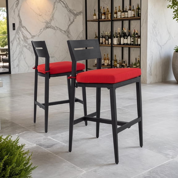 Outdoor Bar Stools 2PC – Modern Aluminum, Ergonomic Backrest – Patio, Poolside, Kitchen | Aluminum | Ember Black Crimson Red